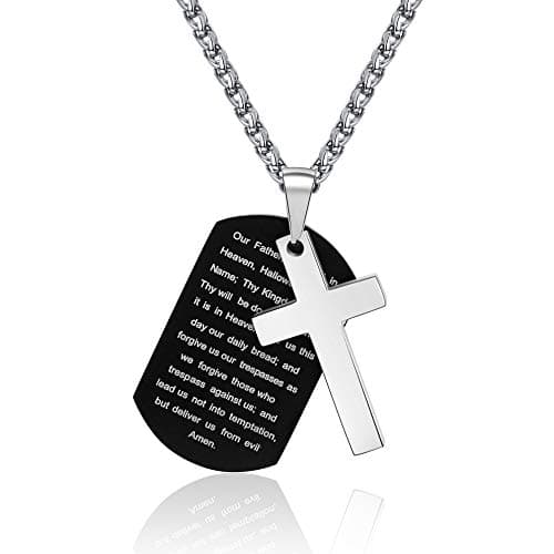 P. Blake Men's Stainless Steel Dog Tag Cross Necklace with Wheat Chain Valentine's Day Jewelry