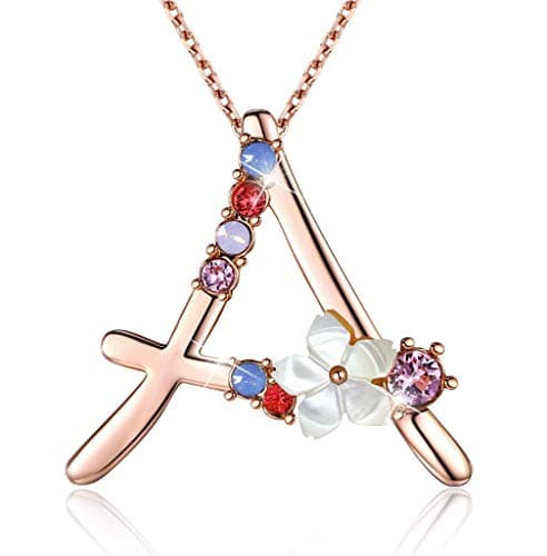 GEMMANCE Pink Red Blue Simulated Pearl Pendant Initial Letter Necklace Rose Gold Plated Anniversary Gifts for Women