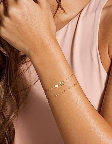 DearMay Dainty Heart Initial Gold Bracelets for Women Trendy 14K Real Gold Jewelry