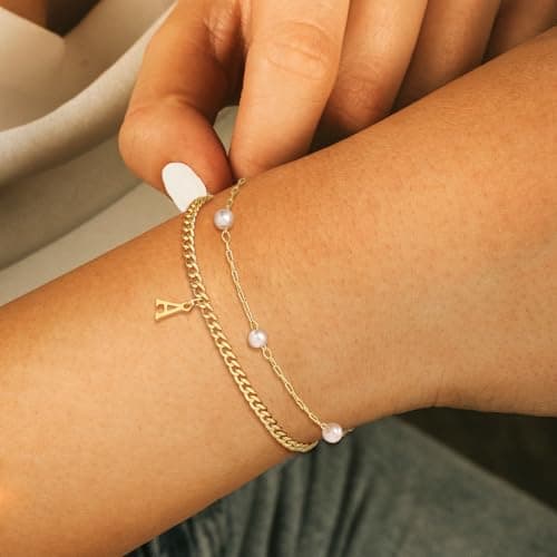 Bellino Gold Layered Pearl Braces for Women Tiny Links Jewelry