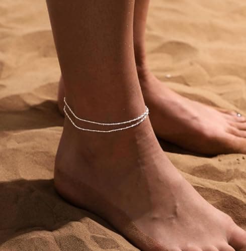 DEARMAY Dainty Silver Anklets for Women Waterproof S925 Sterling Silver Anklets Set