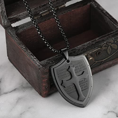 Stainless Steel Shield Armor of God Cross Pendant Necklace Black Silver 24" Chain
