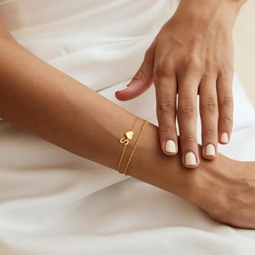Initial Heart Gold Bracelets - Layered Beaded Charm Gifts for Women