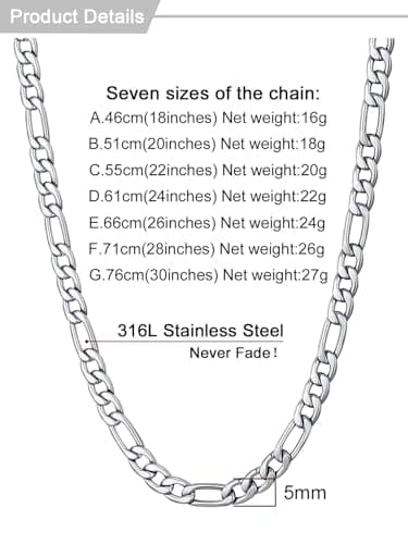 Men's 18K Gold Plated Figaro Chain Necklace 3mm-9mm, 16"-30"