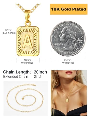 A-Z 26 Letter Monogram Necklace in 18K Gold/Platinum Plated Square Initials for Him and Her