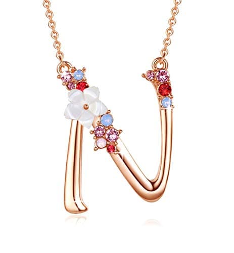 GEMMANCE Pink Red Blue Simulated Pearl Pendant Initial Letter Necklace Rose Gold Plated Anniversary Gifts for Women