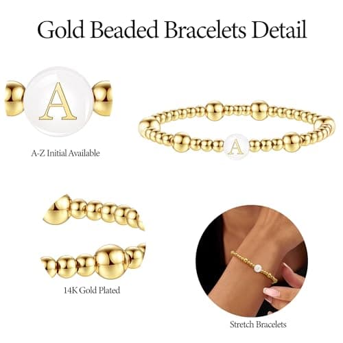 14K Gold Plated Initial Beaded Bracelet for Women and Teen Girls