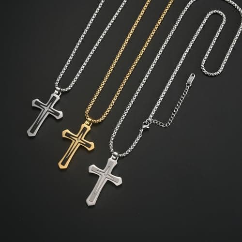 MOOSKI Mens Silver/Gold/Black Cross Necklace, 3mm Chain, Stainless Steel Pendant, Rolo Chain 22-24 Inch