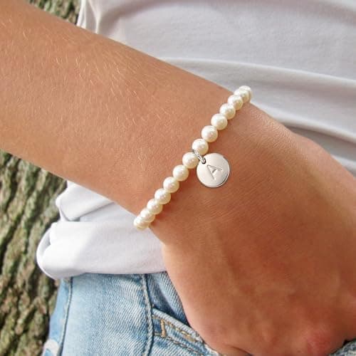 Ursteel Pearl Initial Bracelet - Dainty Gold Letter Beaded Jewelry for Women
