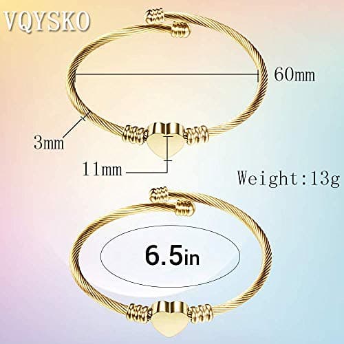 VQYSKO Silver Heart Initials Bracelet - Stainless Steel Engraved Jewelry for Women