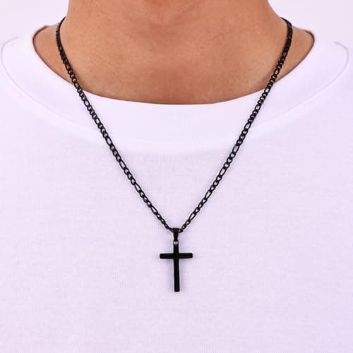 Fiusem Men's Stainless Steel Black Cross Necklace, 3.5mm Figaro Chain 16-24 Inches