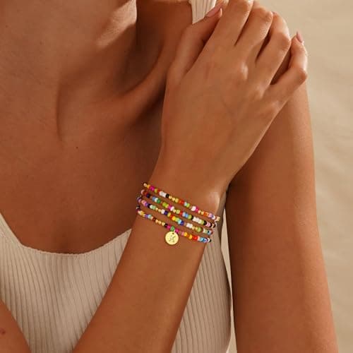 Turandoss Colorful Beaded Initial Bracelets for Girls & Women - Bohemian Stackable Jewelry