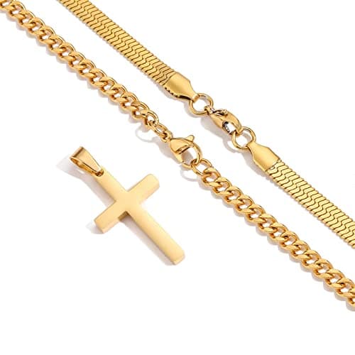 Stainless Steel Layered Cuban Link Cross Necklace, Men Boys Christian Jewelry Gifts