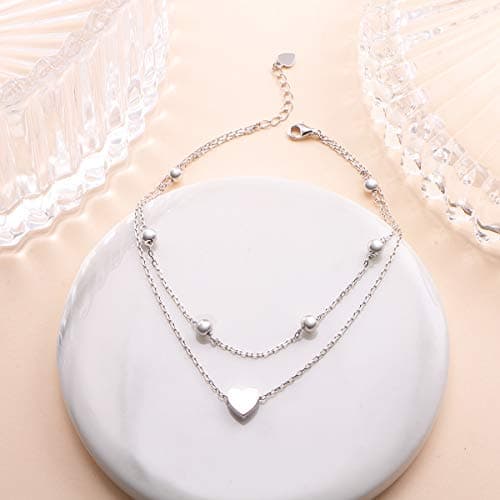 Flyow Sterling Silver Heart Charm Adjustable Anklet for Women