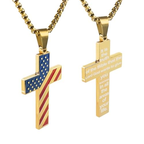 Ironkoi Men's 18+2 Inch Stainless Steel American Flag Cross Necklace with Bible Verse - Christian Gift