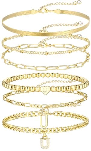 14K Gold Plated Initial Bracelet Set, Dainty & Stackable for Women