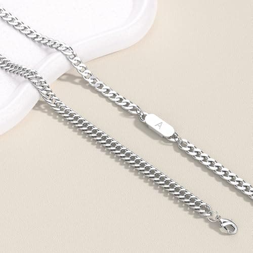 AOSPkle 2PC Initial Letter Cuban Bracelet, A-Z Pendant Stainless Steel Silver Chain for Men and Women
