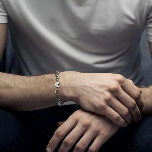 Stainless Steel Initial Bracelet for Men - Dainty Silver Cuban Link