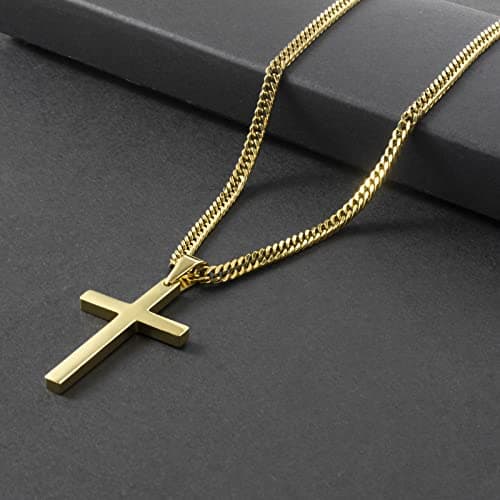 Men's Silver Gold Stainless Steel Plain Cross Pendant Necklace Cuban Chain 18-26 Inch