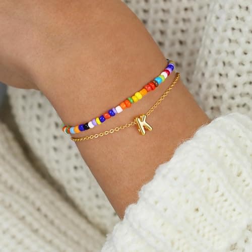 Turandoss Dainty 18K Gold Plated Initial A-Z Layered Bracelet for Women and Teen Girls