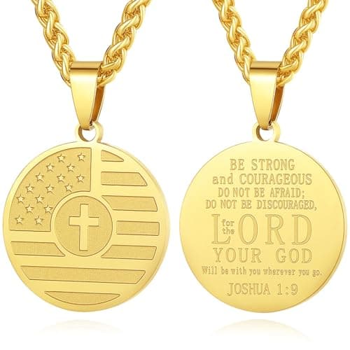 American Flag Cross Necklace for Men, Stainless Steel & Bible Verse, 24 Inches Wheat Chain