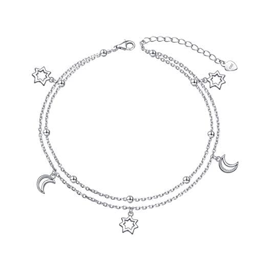 DAOCHONG Women's S925 Sterling Silver Adjustable Foot Heart Lotus Infinity Moon Stars Flower Pearl Anklet Beach Jewelry
