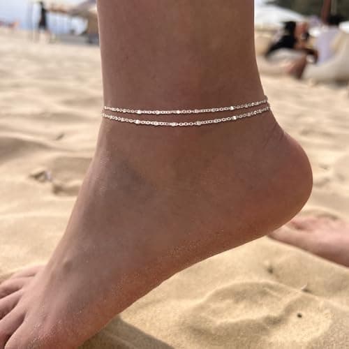 Freekiss Sterling Silver Layered Waterproof Anklet for women Adjustable Beaded Cuban Link Jewelry