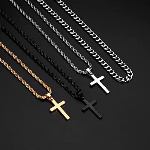 Layered Cross Necklace for Men - 18K Gold Silver Black Stainless Steel Cross Chain
