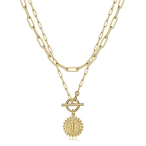 Turandoss Gold Plated Layered Necklace for Women Coin Initial Pendant