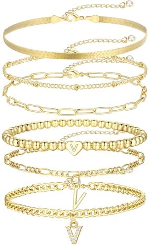 14K Gold Plated Initial Bracelet Set, Dainty & Stackable for Women