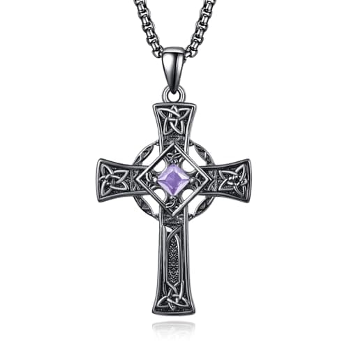 Admetus Sterling Silver Celtic Cross Necklace for Men with Birthstone Chain