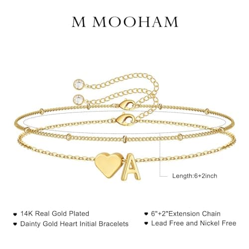 Initial Heart Gold Bracelets - Layered Beaded Charm Gifts for Women