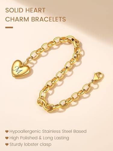 GOLDCHIC Stainless Steel Heart Charm Bracelet for Women - Initial Letters Alphabet Bracelets