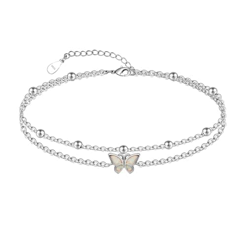 Chic Layered Sterling Silver Created Opal Anklet Bracelet Adjustible 11" Best Friend Beaded Chain