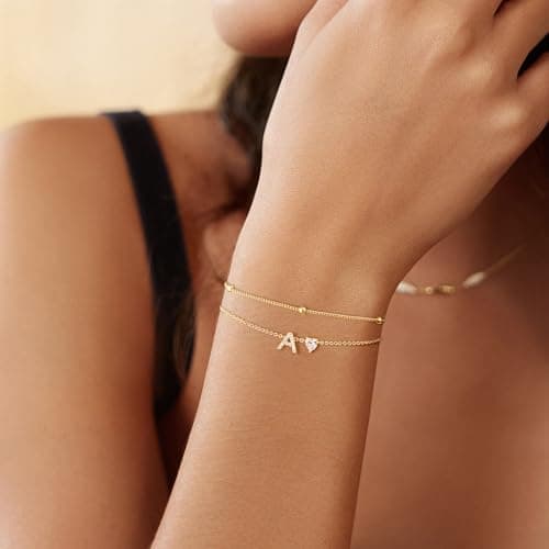Tewiky Initial Heart Gold Bracelets for Women 14K Gold Plated Zircon Charm Charms Jewelry Gift