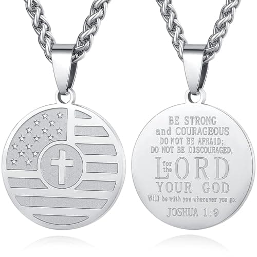 American Flag Cross Necklace for Men, Stainless Steel & Bible Verse, 24 Inches Wheat Chain