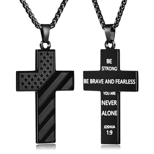 Fiusem American Flag Cross Chain Necklace, Stainless Steel for Men