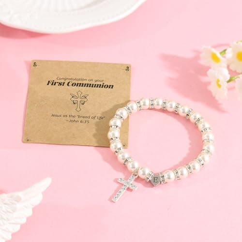 BAYLAY Cross Bracelet & Pearl Initial A-Z for First Communion Girls