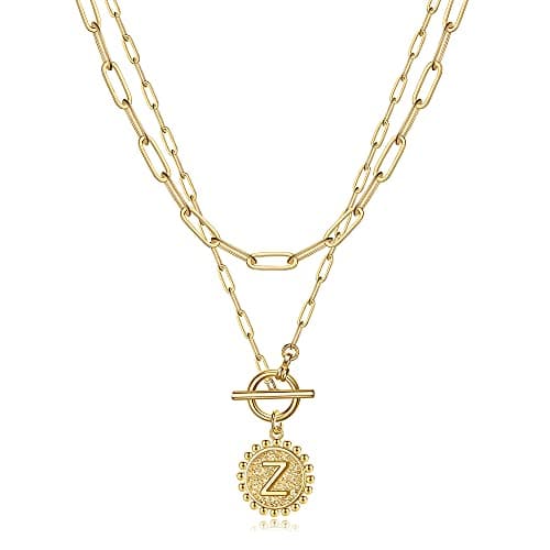 Turandoss Gold Plated Layered Necklace for Women Coin Initial Pendant