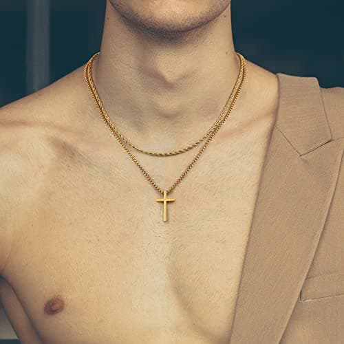 EnglishIVER Men's Gold Silver Black Stainless Steel Cross Necklace with Layered Rope Chain 16-24 Inch