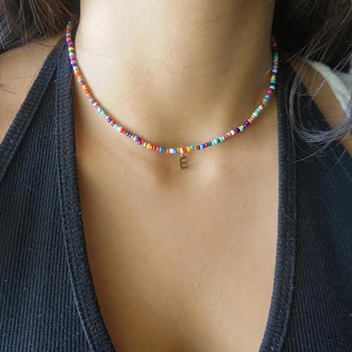 VLIEGEN 18K Gold Plated Colorful Beaded Initial Choker Necklace Boho Gift for Women