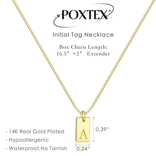 Poxtex Gold Plated Initial Necklace, Non-Tarnish, Women's Square Pendant Jewelry_gifts