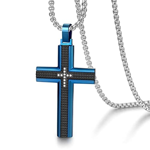 Zillaly Men's Stainless Steel Cross Necklace, Two-Tone Black & Blue Pendant - Gift Box Included