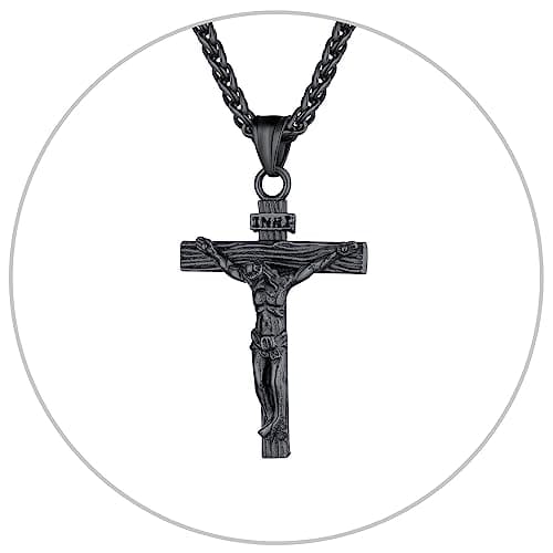 Antique U7 Men's Crucifix Necklace, 18K Gold Tone & Stainless Steel, 22" Chain, Gift Packed