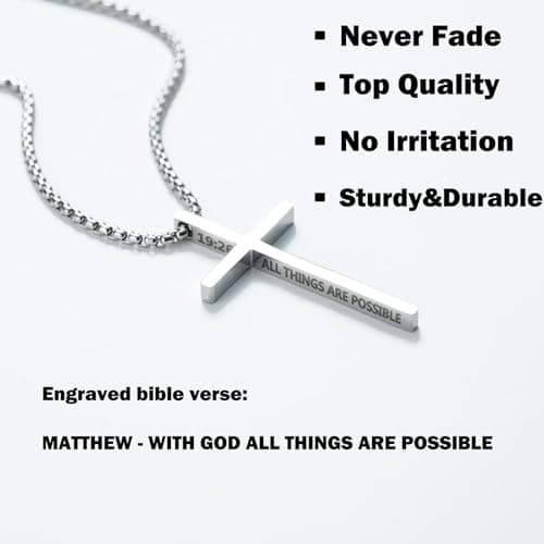 OLARCU Men's Silver & Black Stainless Steel Bible Verse Cross Pendant Necklace