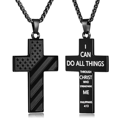Fiusem American Flag Cross Chain Necklace, Stainless Steel for Men