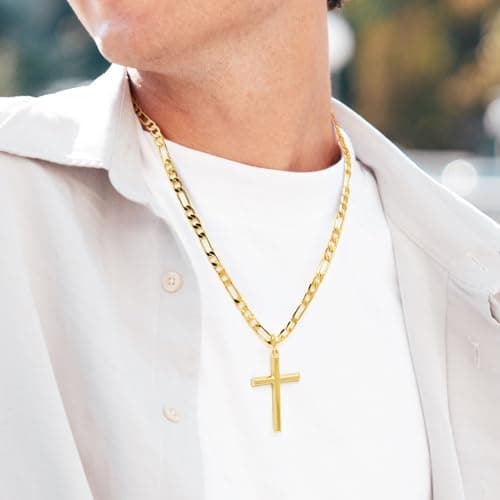 Verniflloga Men's 14k Gold Large Cross Figaro Chain Necklace 20-24 Inch