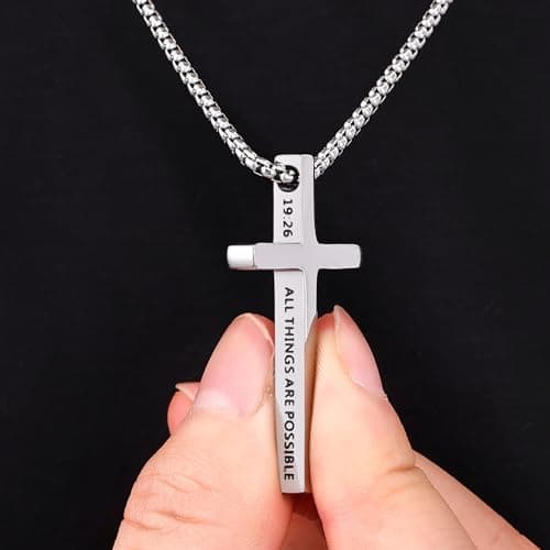 Fiusem Men's Inspirational Bible Verse Stainless Steel Cross Necklace