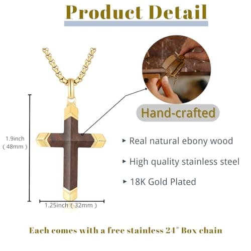Ropartman Hand-Inlaid Ebony Gold Stainless Steel Cross Necklace for Men
