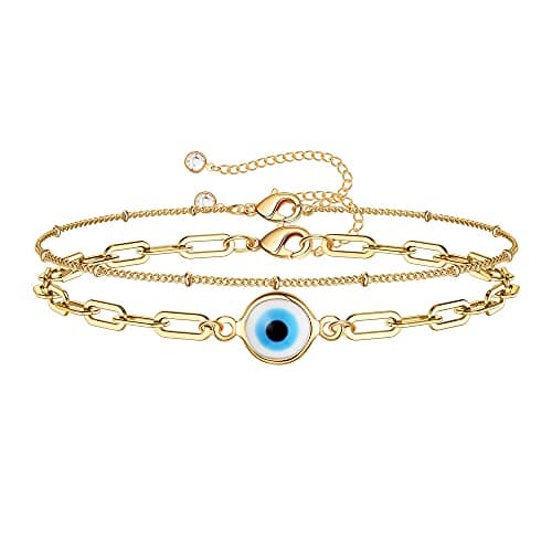 Turandoss Women's 14K Gold Plated Evil Eye Layered Bracelet